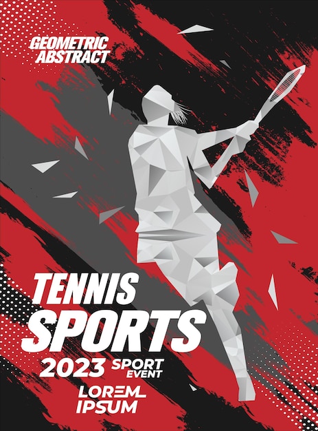 Een advertentie voor tennissporten toont een speler in een wit shirt en een knuppel.