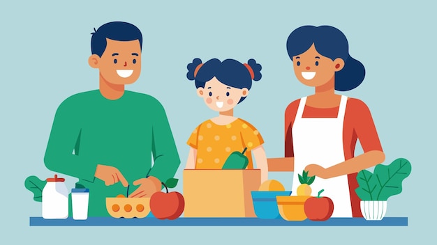 Een afbeelding van een gezin dat samen een maaltijd bereidt met alleen niet-verpakte volwaardige voedingsmiddelen en