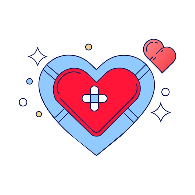 Een afbeelding van een omtrek van een hart omringd door verband en symbolen