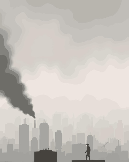 Een afbeelding van een stad met een zwarte rook die eruit waait Milieubesmetting Illustratie