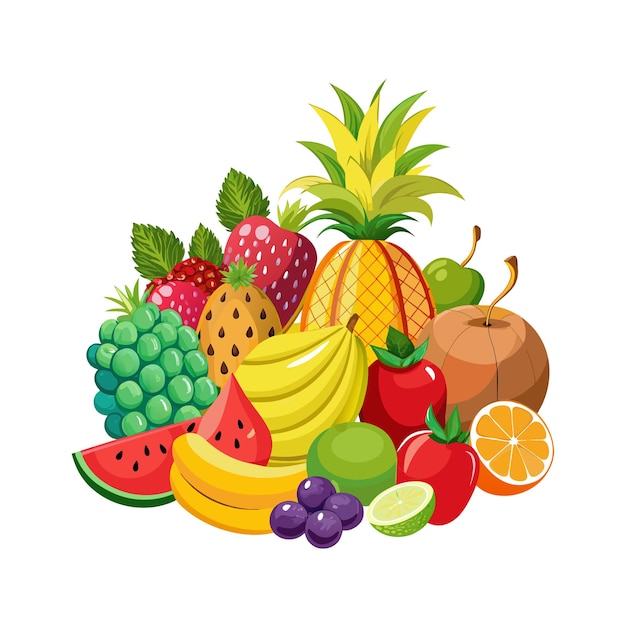 een afbeelding van een verscheidenheid aan vruchten, waaronder bananen, aardbeien en sinaasappels