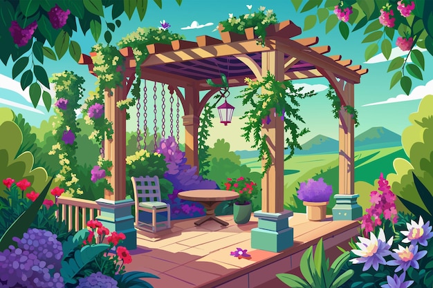 Vector een afgelegen tuinbalkon met een pergola met hangende wijnstokken en een reeks geurige bloemen