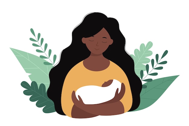 Een afro-amerikaanse moeder en een pasgeboren baby in haar armen