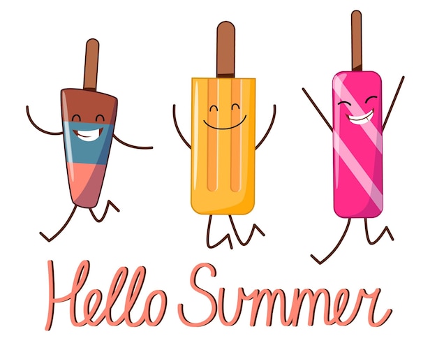 Een ansichtkaart met de karakters van een vrolijk ijsje met het opschrift hello summer