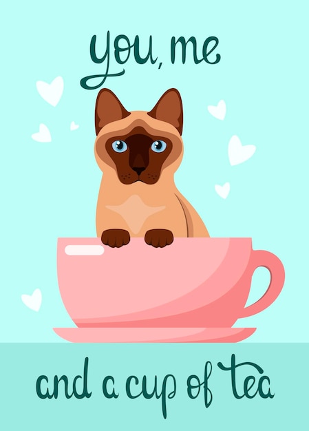 Een ansichtkaart met een Siamese kat Cartoon design