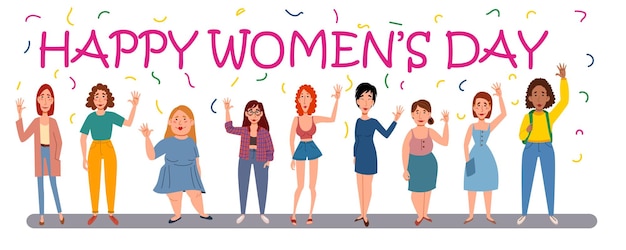 Een ansichtkaart voor internationale vrouwendag vriendelijke begroeting van modieuze meisjes