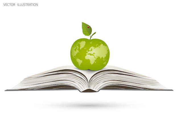 Een appel in de vorm van een wereldkaart ligt op een opengeslagen boek.