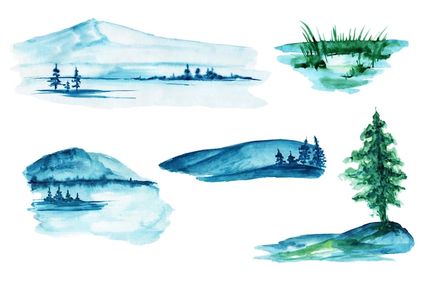 Een aquarel illustratie van een bos Blauw landschap van bergen en bossen