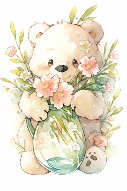 Een aquarel illustratie van een teddybeer die een vaas met bloemen vasthoudt.