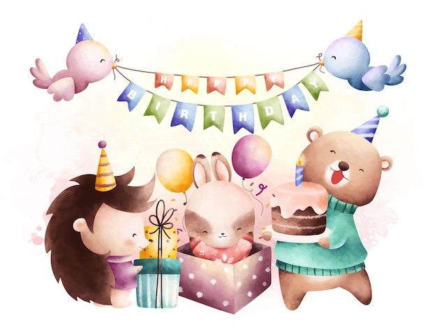 Een aquarel illustratie van een verjaardagsfeestje met een konijn en een taart.