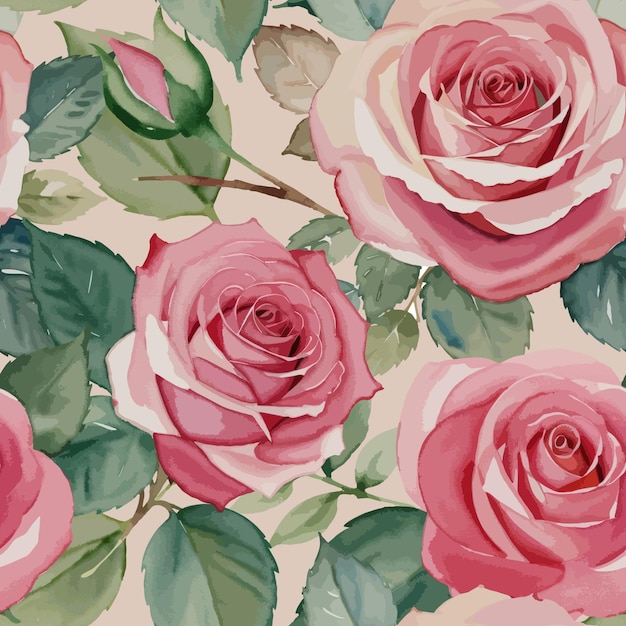 een aquarel naadloos patroon met mooie roze rozen en bladeren