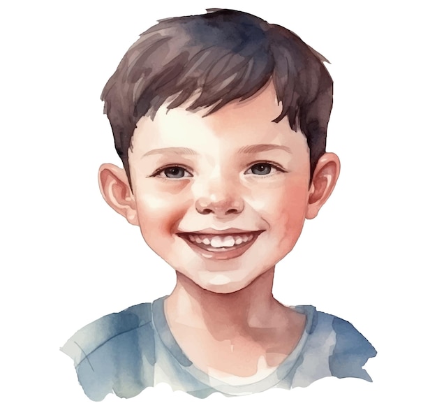 Een aquarel portret van een jongen met bruin haar.