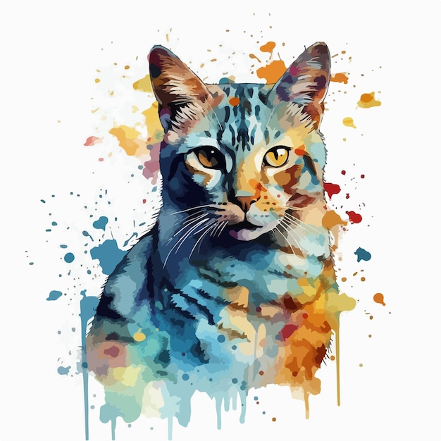 Vector een aquarel schilderij van een kat met gele ogen en een blauwe en oranje achtergrond.