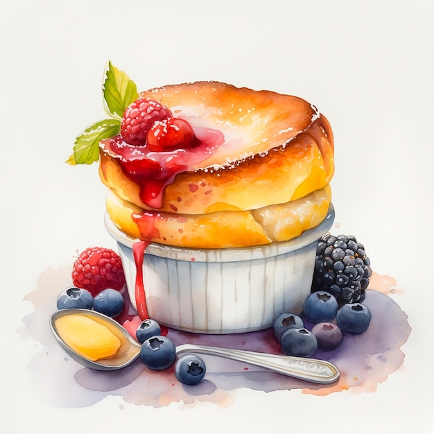 Een aquarel schilderij van een kom taart met frambozen en bosbessen AI gegenereerd