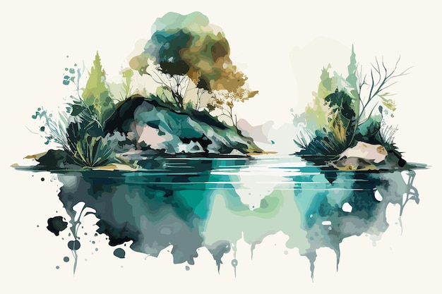 Een aquarel schilderij van een meer met bomen en de lucht op een witte achtergrond