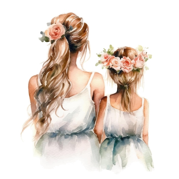 Vector een aquarel schilderij van een meisje en haar moeder met bloemen op hun hoofd