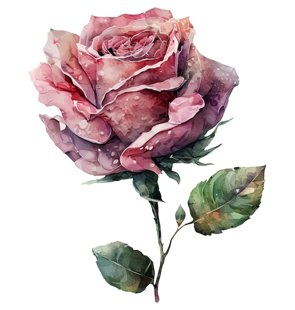 Een aquarel schilderij van een roze roos met een groen blad.