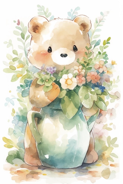 Een aquarel schilderij van een teddybeer die een vaas met bloemen vasthoudt.