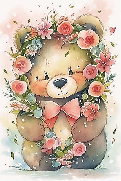 Vector een aquarel schilderij van een teddybeer met bloemen.