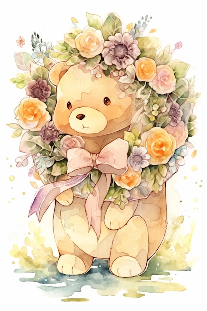 Vector een aquarel schilderij van een teddybeer met een krans van bloemen.