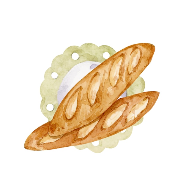 Een aquarel schilderij van twee baguettes op een bord.