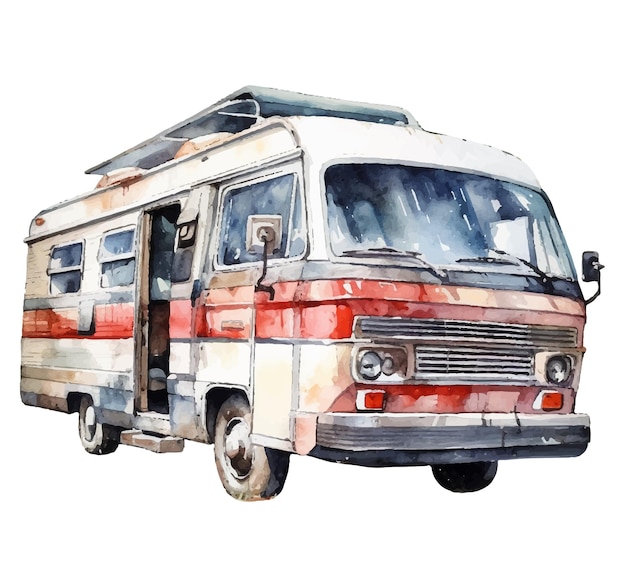 Een aquarel van een camper met de deur open