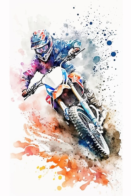 Een aquarel van een crossmotorrijder.