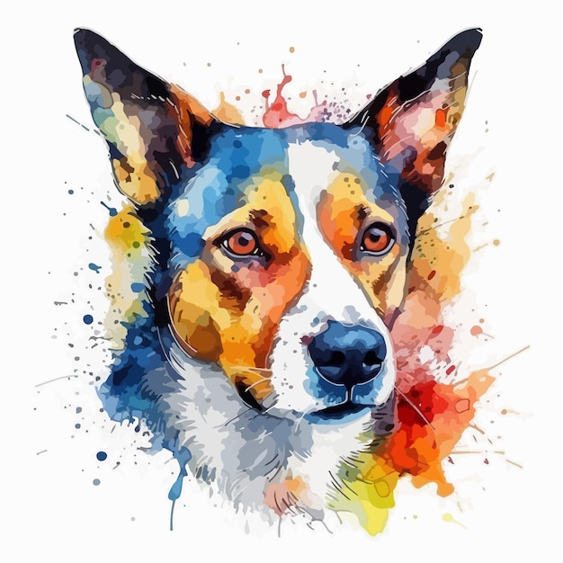 Een aquarel van een hond met een blauw gezicht en oranje ogen.