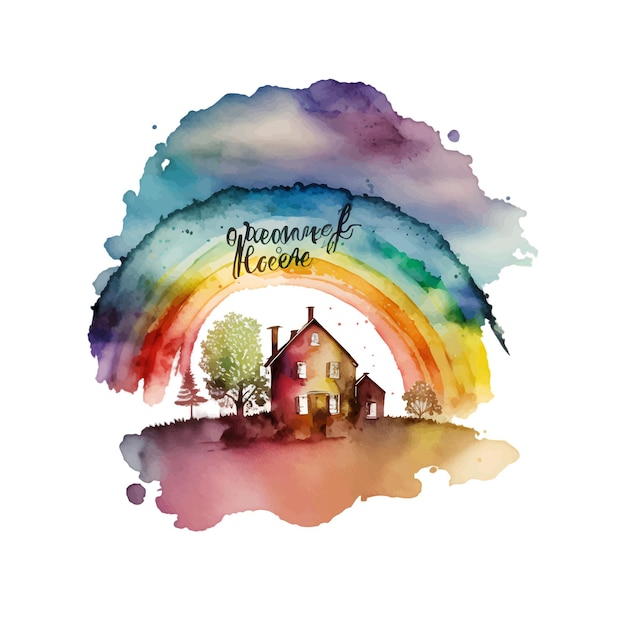 Vector een aquarel van een huis met een regenboog aan de hemel.