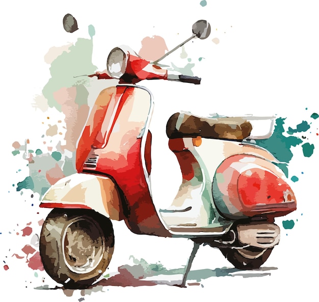 Een aquarel van een rode scooter met het woord vespa erop.