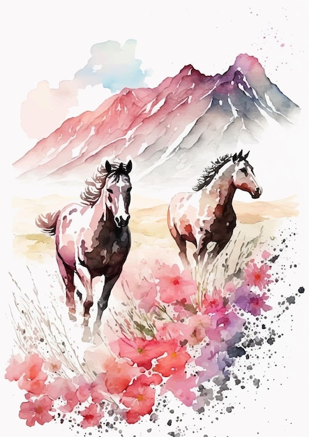 Een aquarel van paarden die rennen in een veld met bergen op de achtergrond.