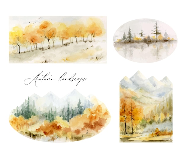 Een aquarel vectorset van herfstlandschappen met bomen en bergen