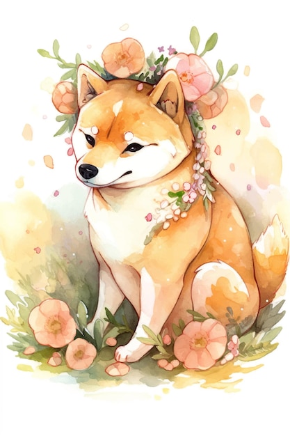 Een aquareltekening van een Shiba Inu-hond.