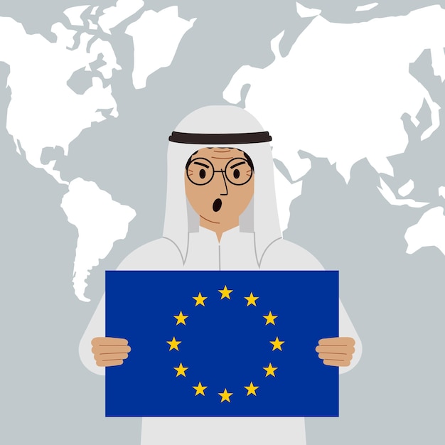 Een Arabische man houdt de vlag van de Europese Unie in zijn handen tegen de achtergrond van een wereldkaart