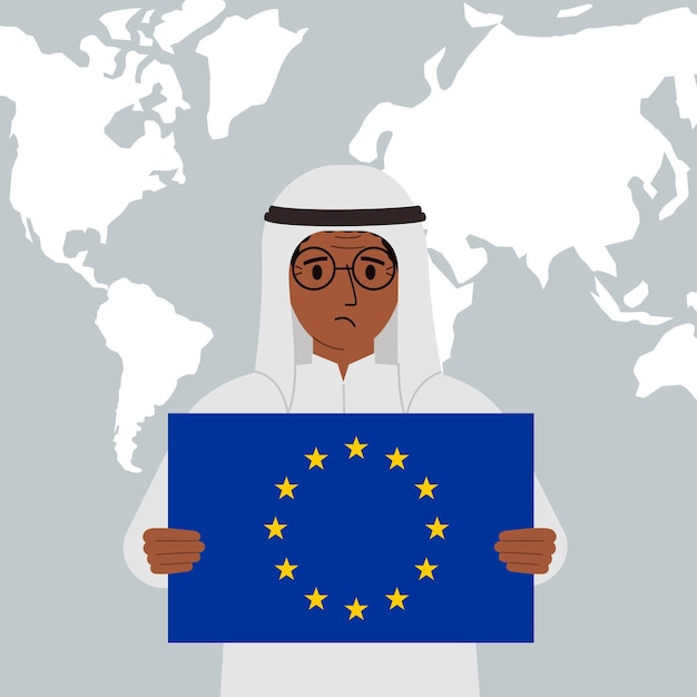 Een Arabische man houdt de vlag van de Europese Unie in zijn handen tegen de achtergrond van een wereldkaart