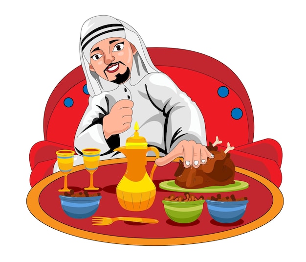 Een Arabische man zit aan een tafel met een tafel vol eten en drinken