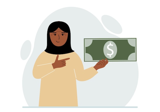 Een arabische vrouw houdt een grote papieren rekening in zijn hand Het concept van inkomstenuitgaven die geld verdienen of uitgeven