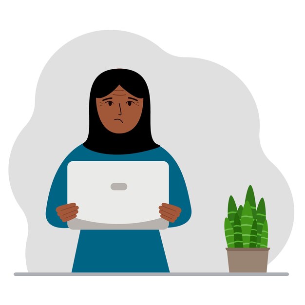 Een arabische vrouw houdt of gebruikt een laptop computer pc laptop computer technologie concept platte vectorillustratie