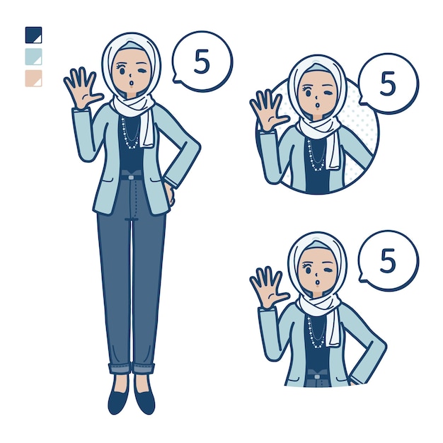 Een arabische vrouw in casual mode met counting as 5 images