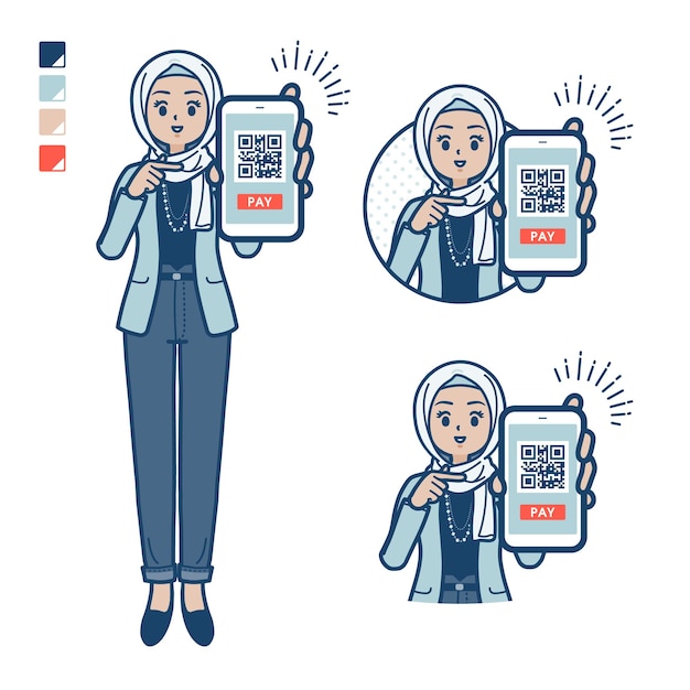 Een arabische vrouw in casual mode met girale betaling op smartphone-afbeeldingen