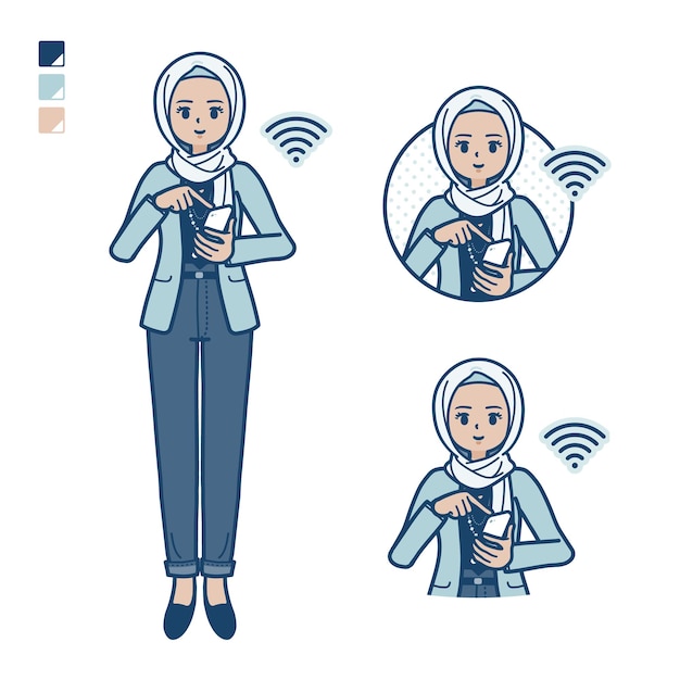 Een arabische vrouw in casual mode met Operate smartphone-afbeeldingen