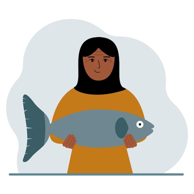 Een arabische vrouwelijke visser houdt een grote vis vast die trots is op goed vissen of jagen hobby-visserijconcept