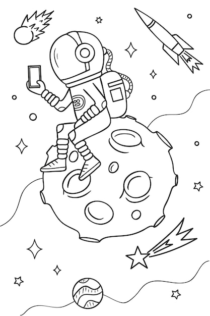 Een astronaut zit op een asteroïde en gebruikt een mobiele telefoon. Vectorillustratie voor het kleuren van boek.