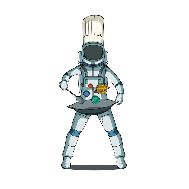 Vector een astronautenchef met een hoed kookt de planeten in de pan