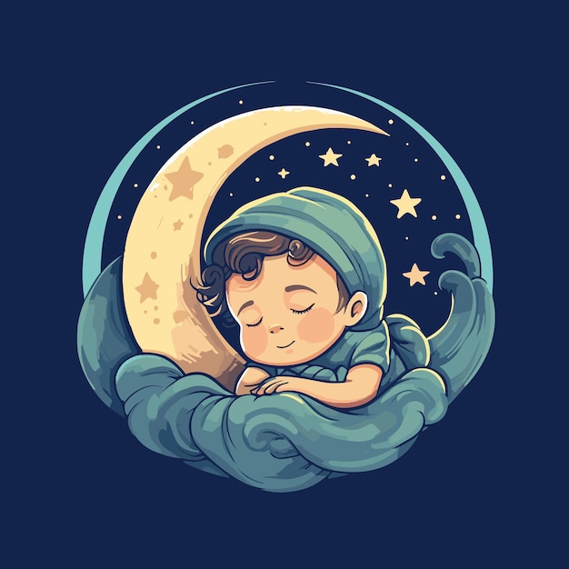 Een baby die slaapt op een maan met de sterren op de achtergrond