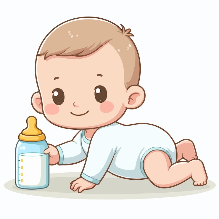 Vector een baby houdt een fles melk vast.