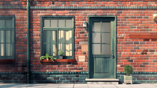 Vector een bakstenen gebouw met een groene deur en een groene door