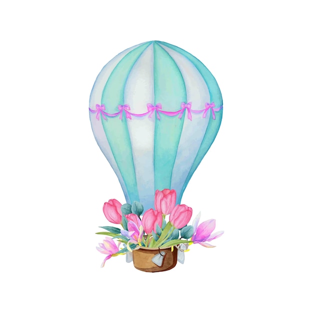 Een ballon met een mandje bloemen. Leuke illustratie voor ansichtkaarten en uitnodigingen.