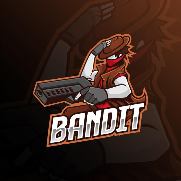 Een bandiet in een hoed met een esport-logo-ontwerp van een pistoolmascotte