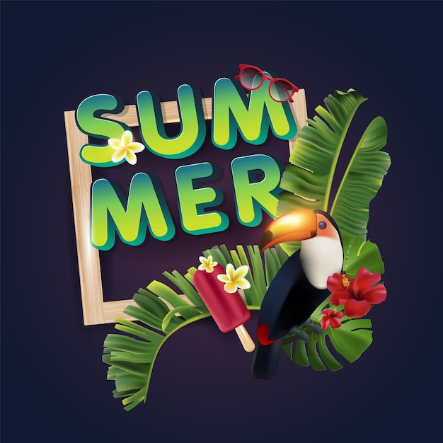 Een banner voor de zomerverkoop een poster met een frame en tropische bladeren ijstoekan zonnebril tropisch f